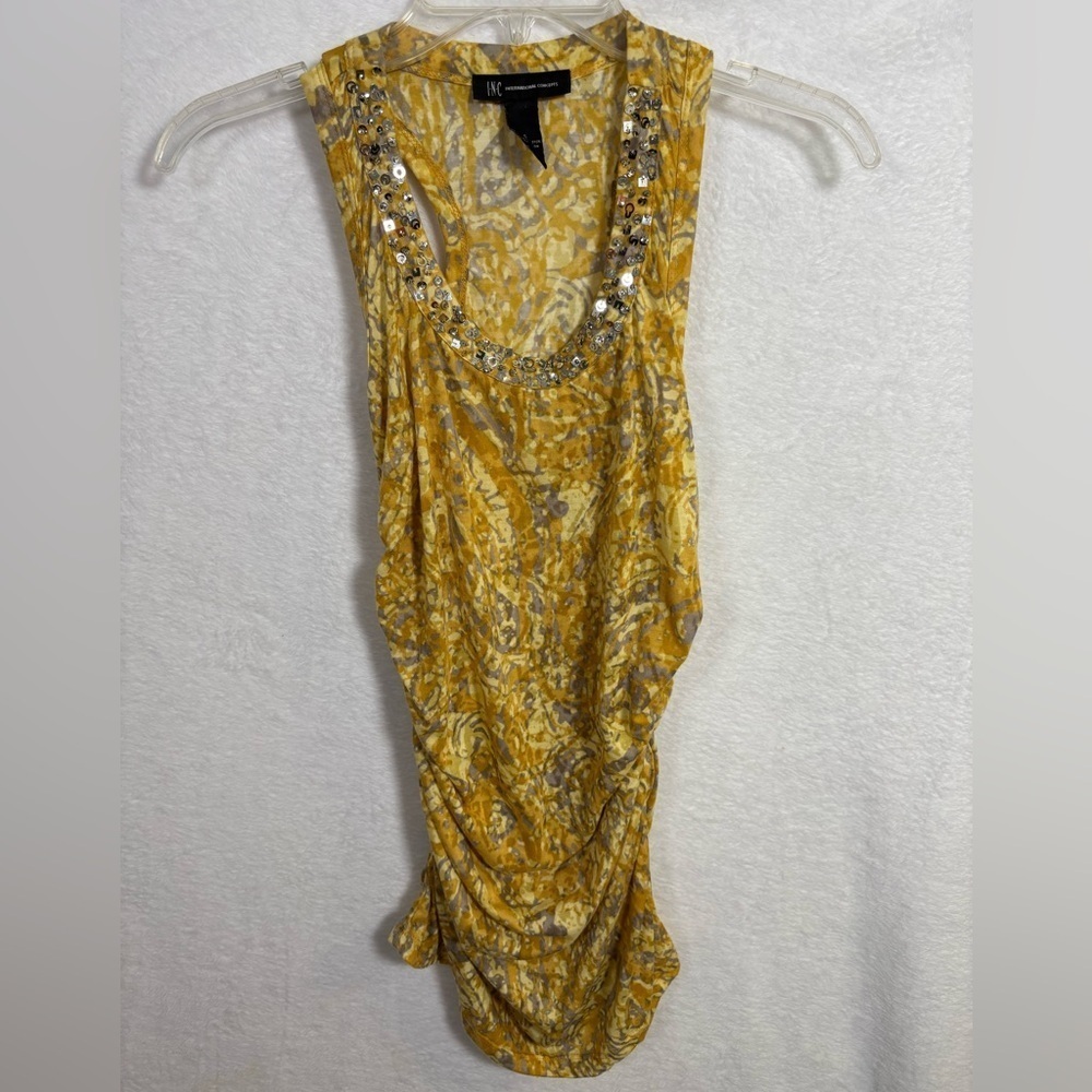 INC Embellished Yellow Sequined Tank Top yellow & gray design rouching Sz Small